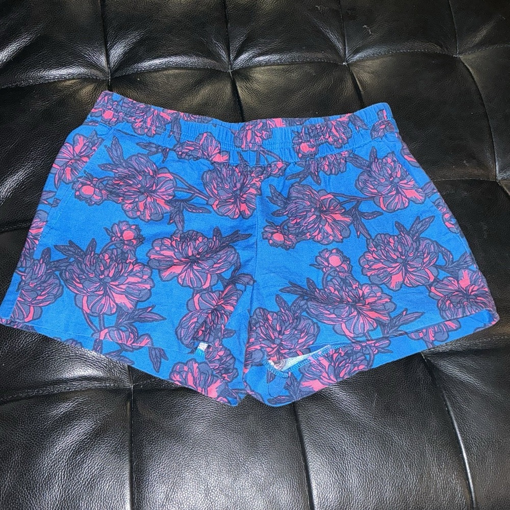 J. Crew Blue Pink Hawaiian Tropical Floral Print Linen Blend Shorts Women's 2